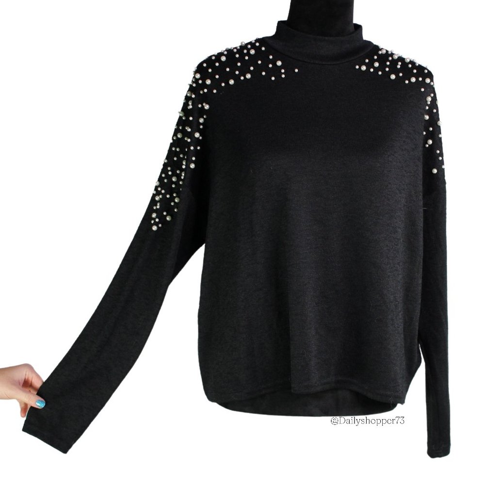Divided H&M Women's Pearl Studded Dolman Sleeve Mock Neck Sweater